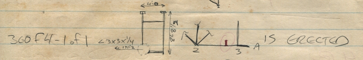 Sheffield Steel field verification sketch by James MacLaren, RSS Various steel members zoomed-in crop, 360F4, ∠ 3x3x¼, elevation 171’-2”. 